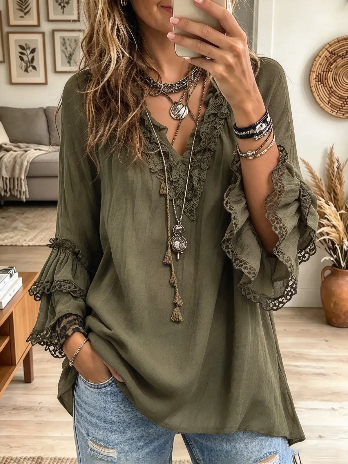 Women's Tiered Ruffle Sleeve Floral Lace Peasant Blouse