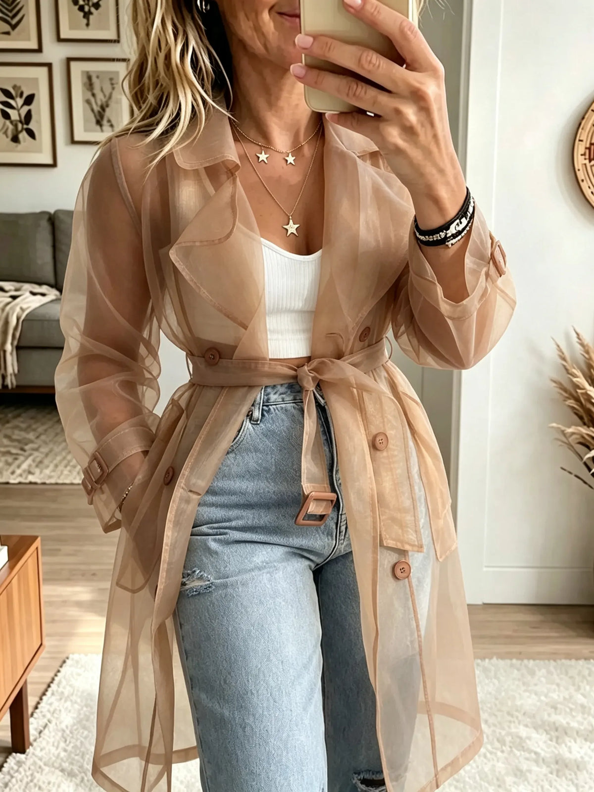 Women's Sheer Organza Belted Trench Coat