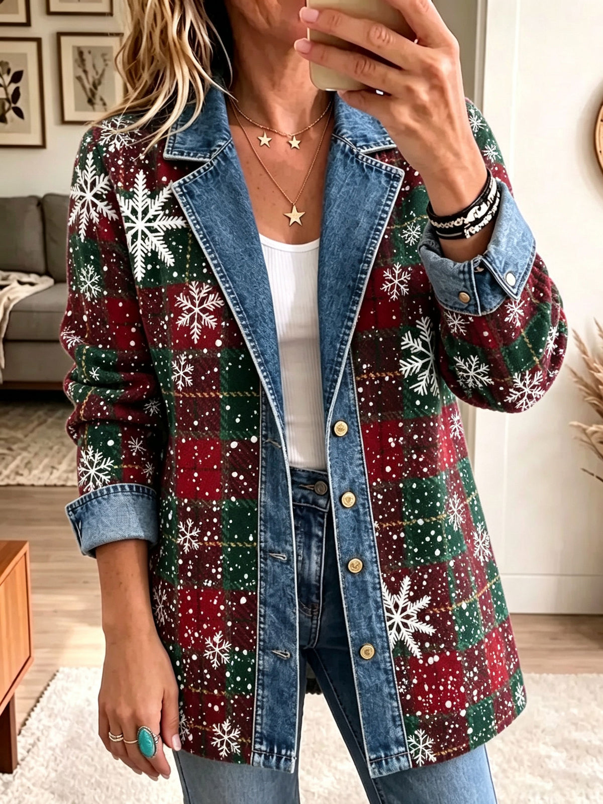 Women Lapel Button Christmas Snowflake Plaid Denim Spliced Blazer Jacket Outerwear