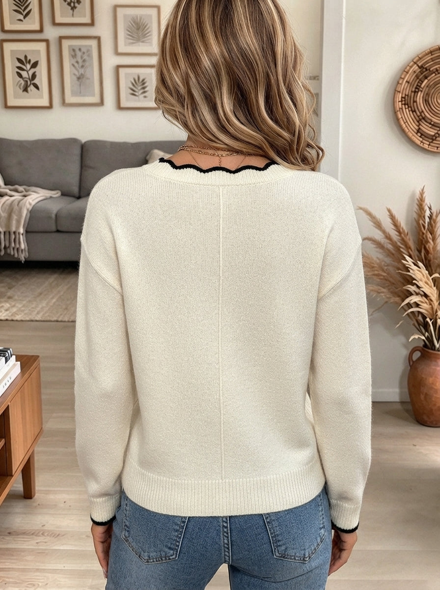 Women's Off-White Scalloped Trim Knit Sweater with Asymmetric Gold Buttons