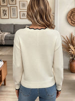 Women's Off-White Scalloped Trim Knit Sweater with Asymmetric Gold Buttons