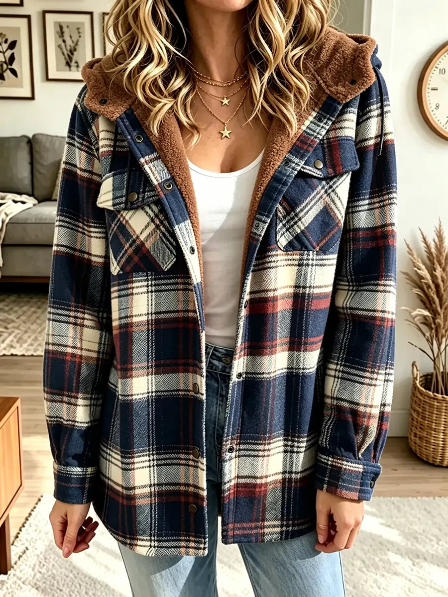 Women's Casual Loose-fit Plaid Hoodie Coat