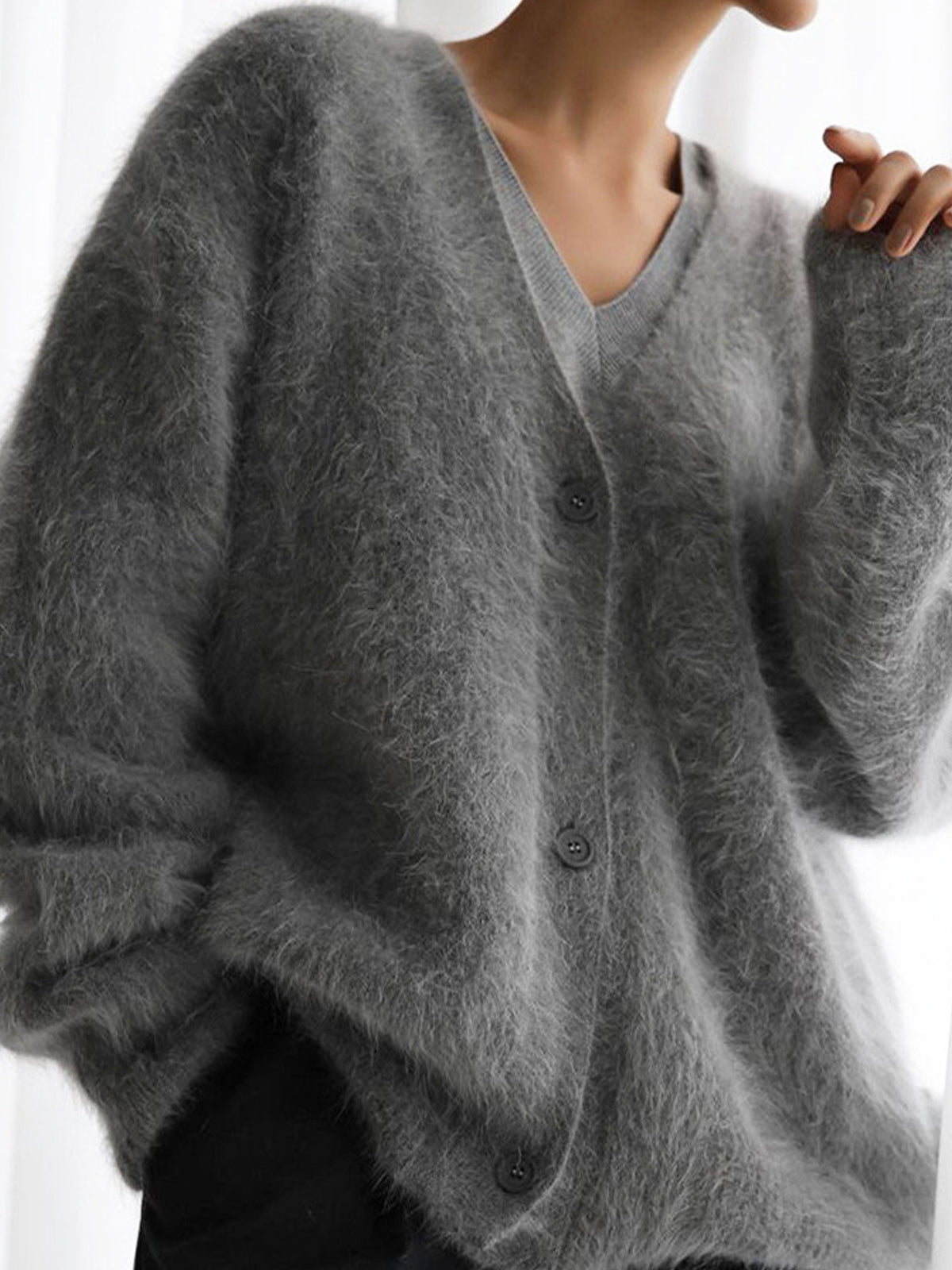 V‑Neck Fuzzy Shaggy Knit Button Front Long Sleeve Cardigan