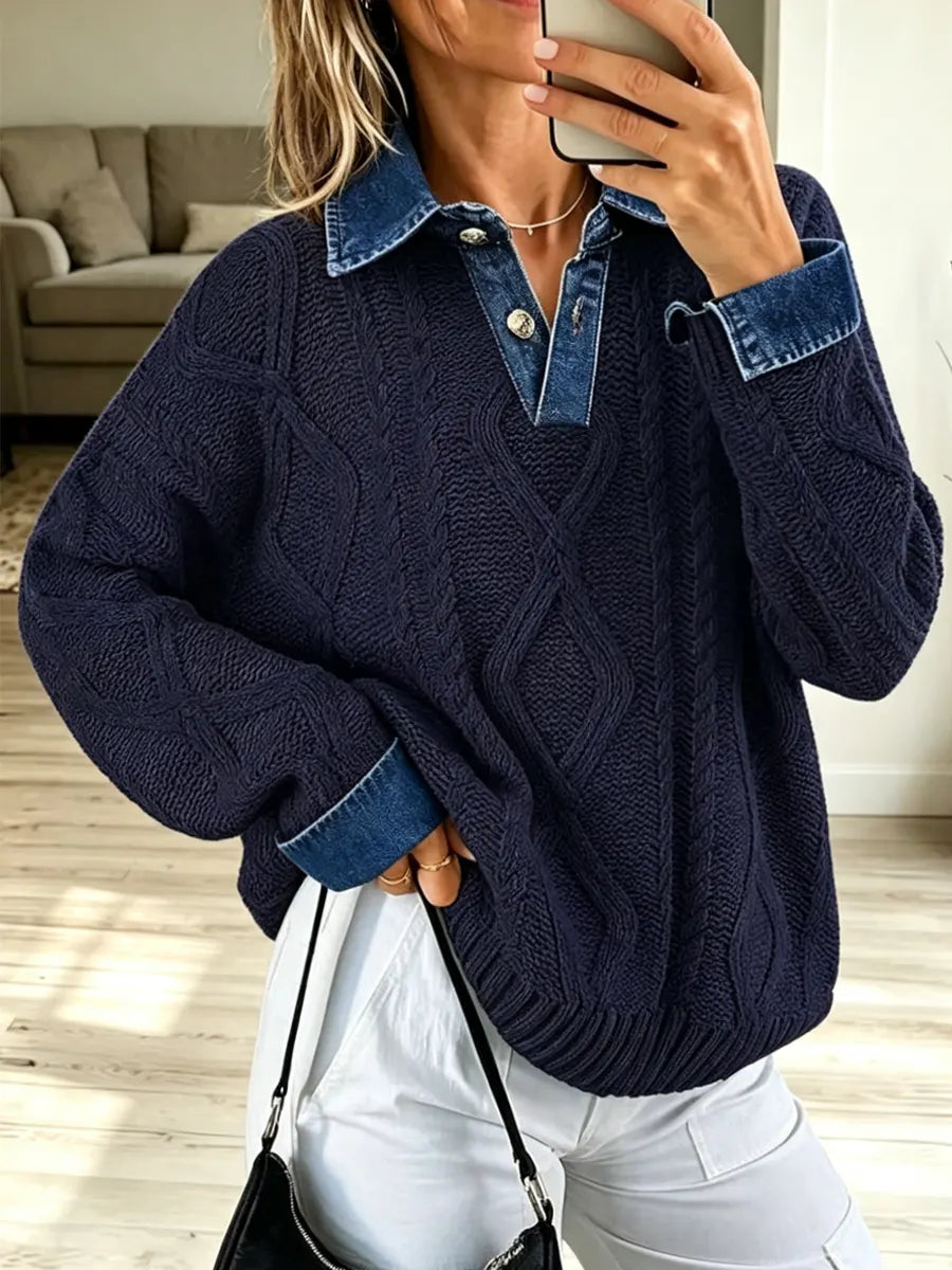 Retro Denim Patchwork Art Casual Stylish Long Sleeve Knit Sweater