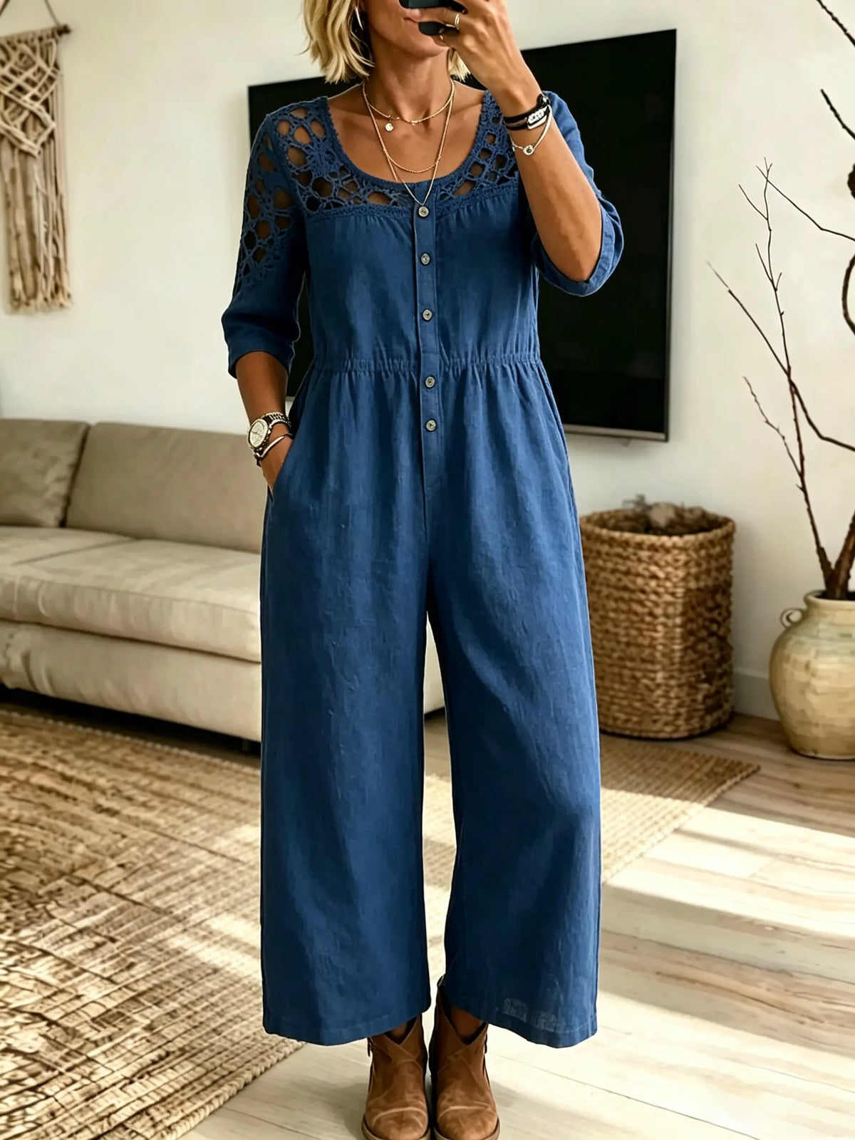 Women's Solid Hollow Spliced Wide Leg Jumpsuit