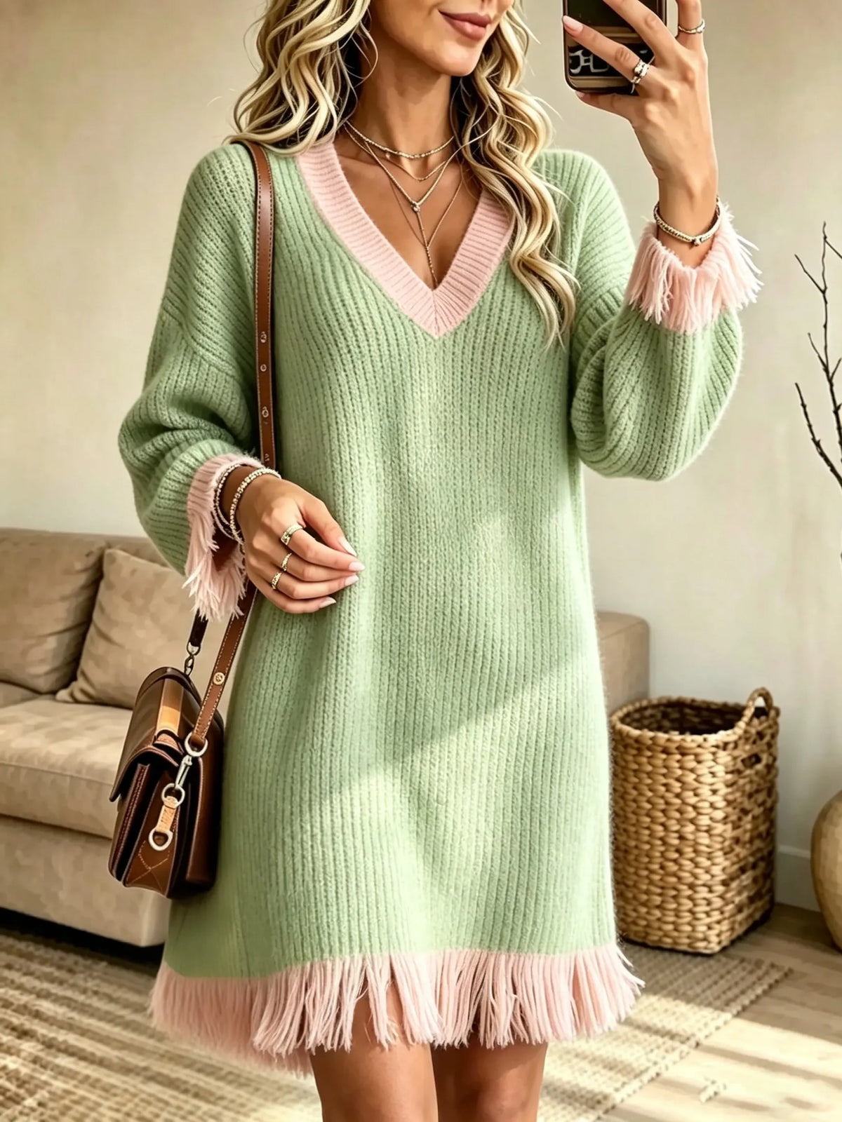 Women's V-Neck Contrast Fringe Knit Sweater Dress