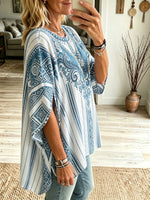 Women's Ethnic Geometric Stripe V-neck Wide Sleeve Top