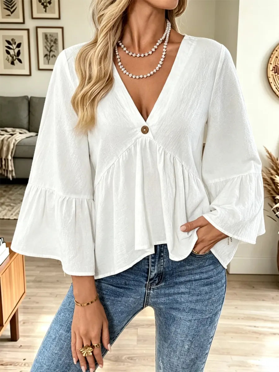 Retro Loose Ruffle Art Casual Stylish 3/4 Sleeve Cotton Shirt