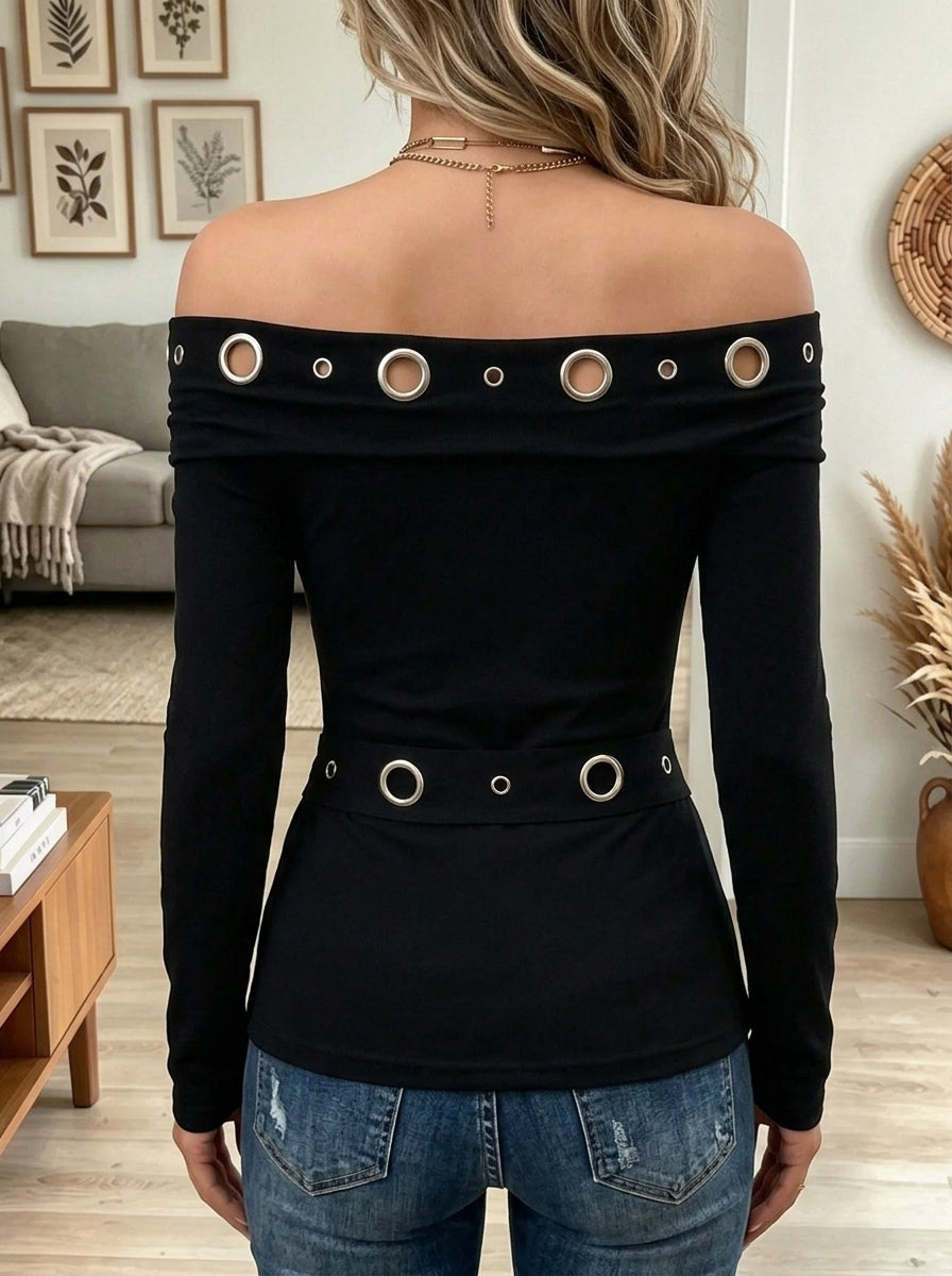 Women's Sexy Off Shoulder Long Sleeve Tee with Metal Grommets Slim Fit Top