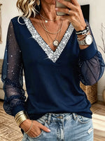 Sequin V‑Neck Mesh Long Sleeve Blouse, Glitter Sheer Puff Sleeve Party Top