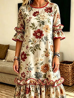 Retro Leopard Patchwork Pattern Art Print Casual Ruffle Stylish Cotton Linen Dress