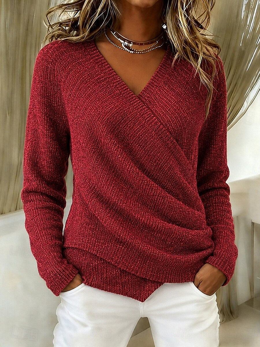 Women Surplice Wrap V‑Neck Draped Long Sleeve Knit Sweater
