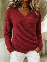 Women Surplice Wrap V‑Neck Draped Long Sleeve Knit Sweater