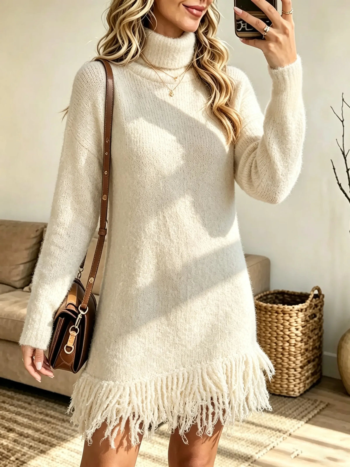Women's Turtleneck Fringe Hem Sweater Mini Dress
