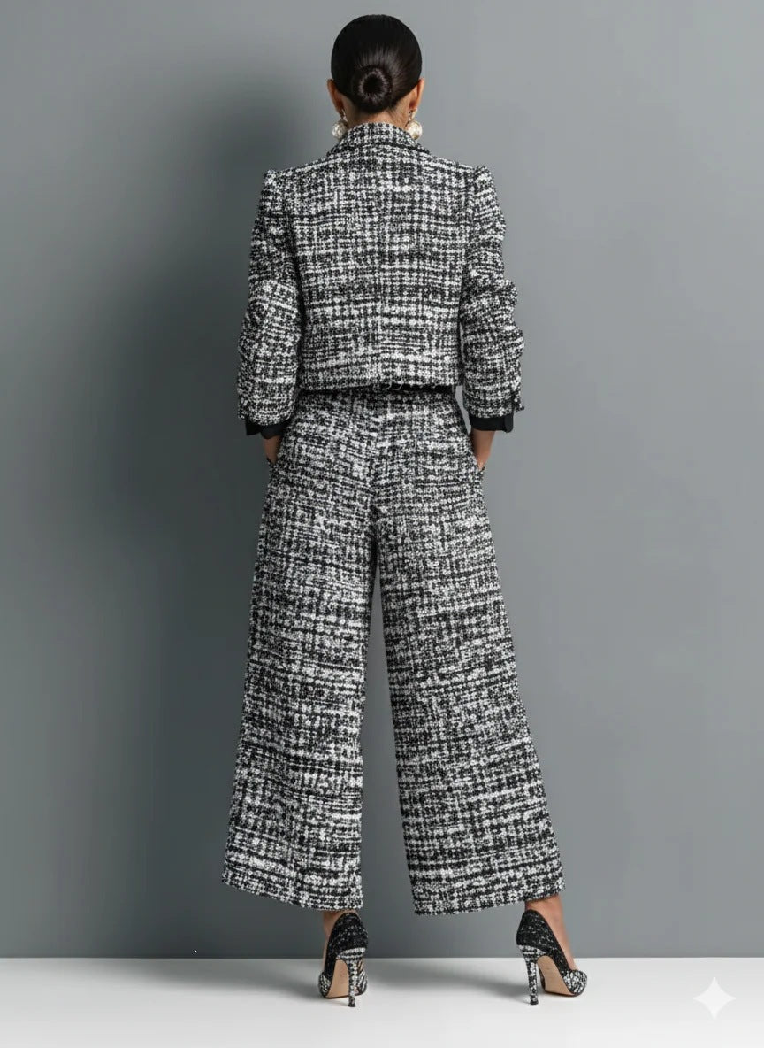 Women Tweed 2 Piece Outfit Collar Cropped Jacket & High Waist Wide Leg Pants Suit Set