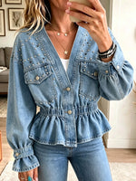 Women Rivet Decor Peplum Denim Jacket V‑Neck Elastic Waist Long Sleeve Button Coat