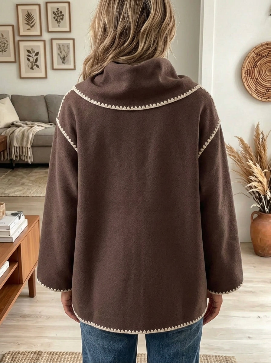 Women's Contrast Embroidered Trim Button Coat