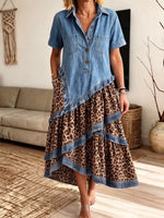 Women's Denim Leopard Patchwork Asymmetrical Tiered Maxi Dress With Pockets