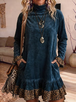 Teal Velvet Leopard Contrast Ruffle Hem Tunic Dress With Pockets