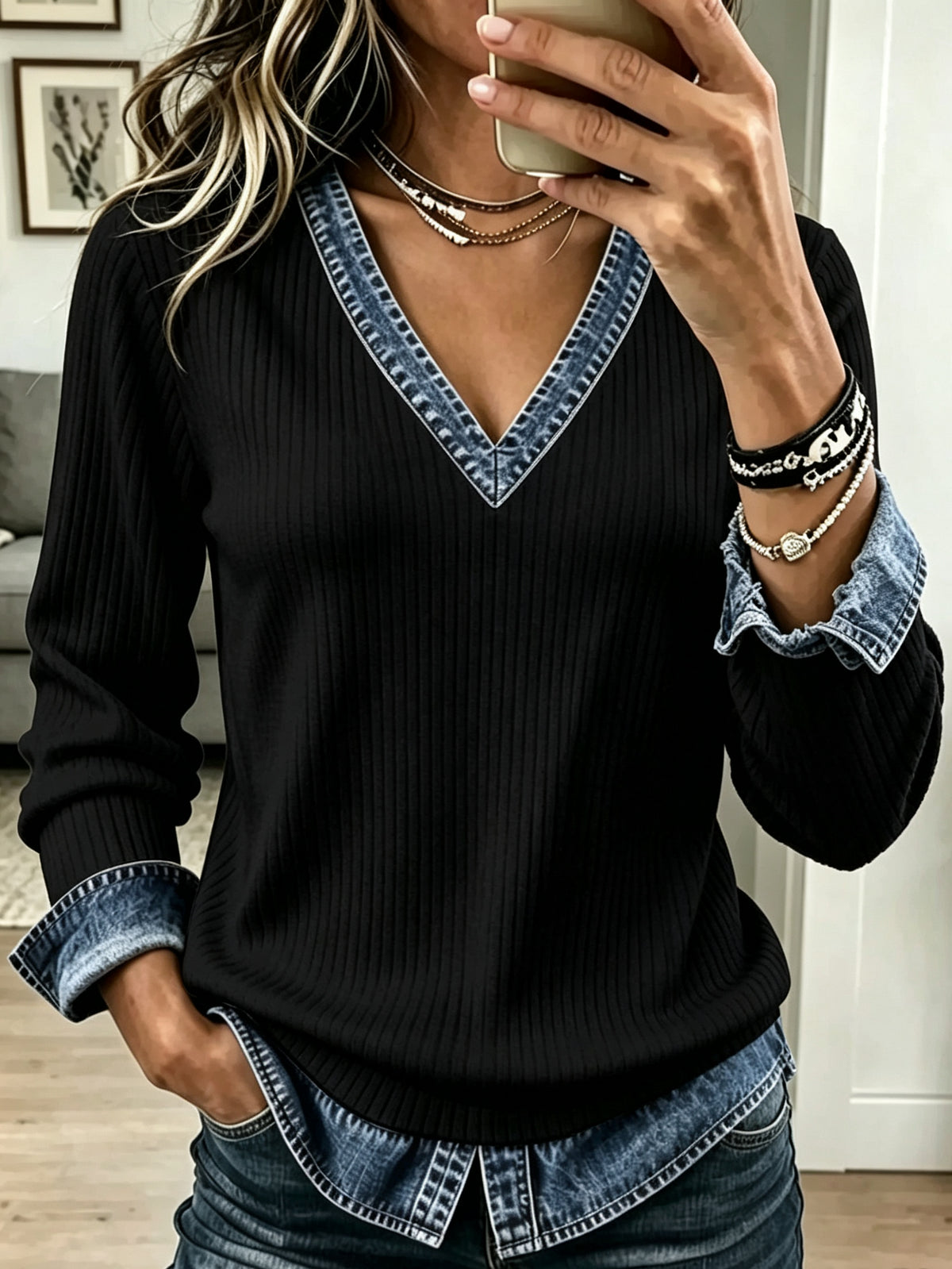 Women's Denim Trim V-Neck Ribbed Knit Sweater