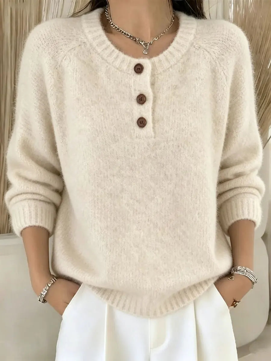 Retro Elegant Button Round Neck Art Casual Stylish Long Sleeve Knitted Sweater