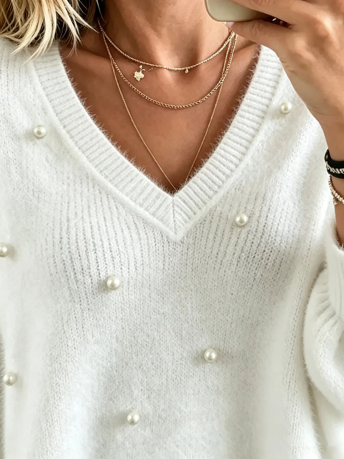 Women's Faux Pearl Embellished Fuzzy V-Neck Sweater