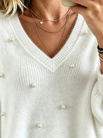 Women's Faux Pearl Embellished Fuzzy V-Neck Sweater