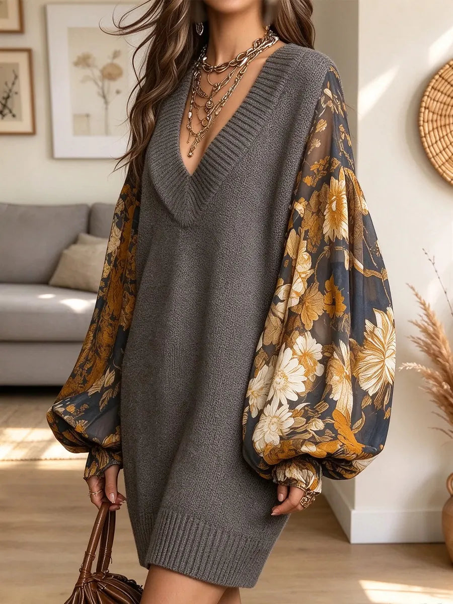 Vintage Chic Floral Patchwork Long Sleeve Art Casual Stylish Mini Knit Dress