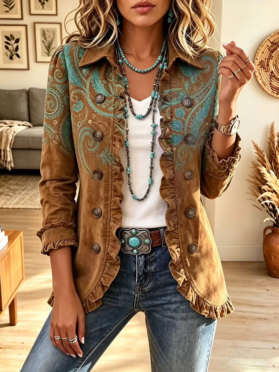 Retro Western Floral Pattern Art Print Ruffle Casual Stylish Button Lapel Coat