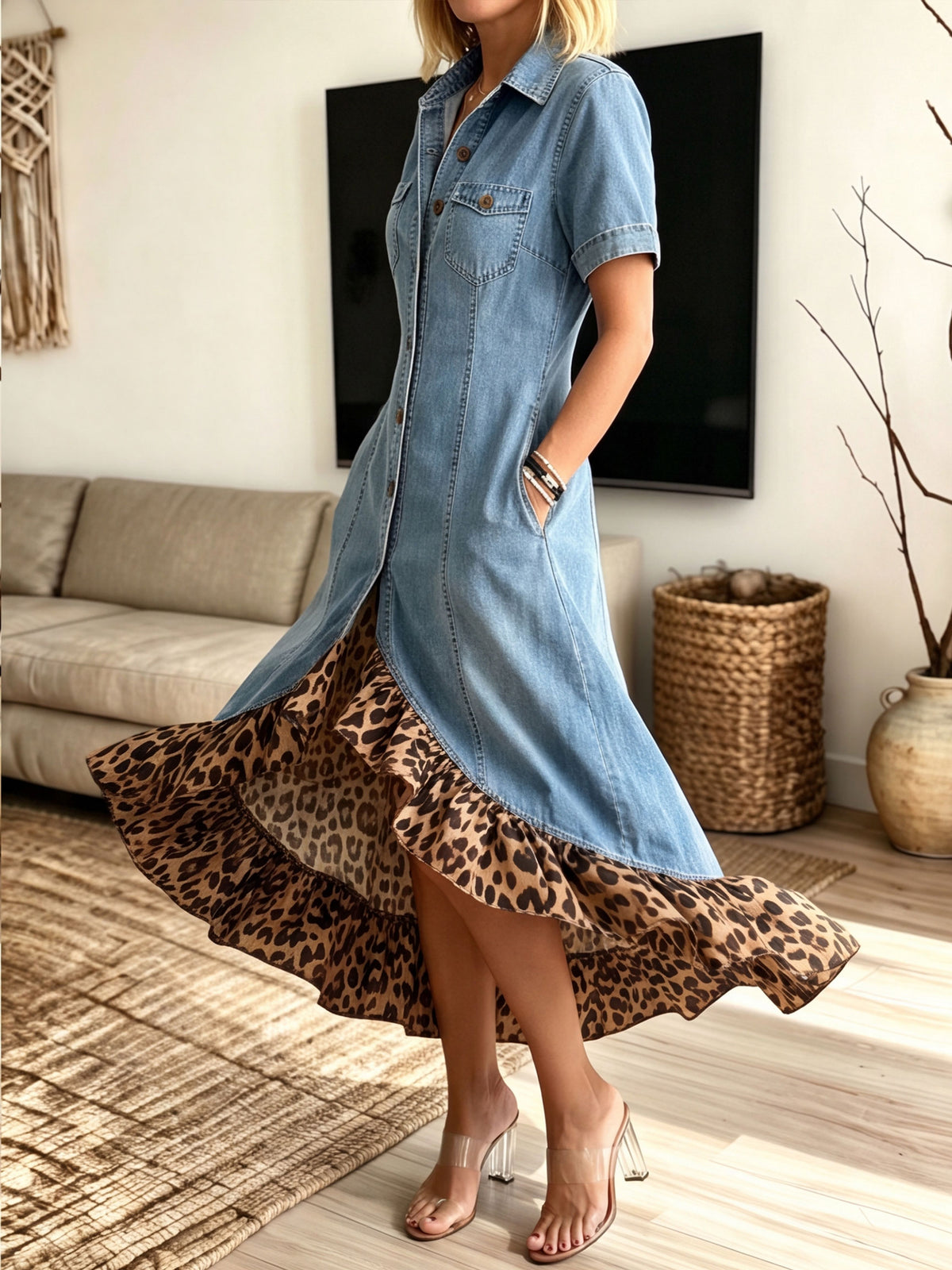 Women's Denim Leopard Ruffle Hem Split Shirt Maxi Dress With Pockets