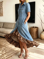 Women's Denim Leopard Ruffle Hem Split Shirt Maxi Dress With Pockets