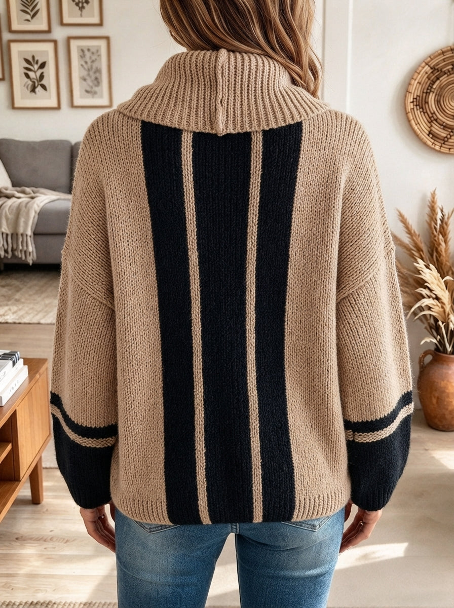 Women's Beige and Black Striped Oversized Cowl Neck Knit Sweater