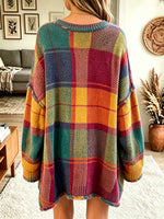 Women's Oversized Plaid V-Neck Knit Sweater