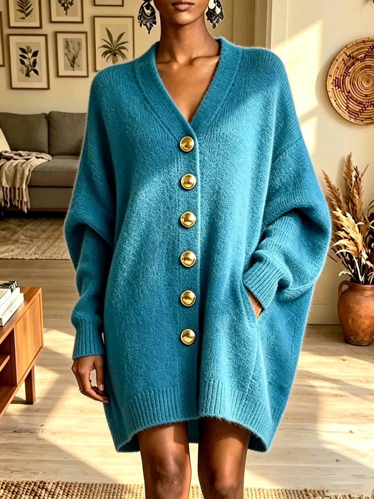 Women's Oversized V-Neck Gold Button Knit Dress