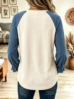 Women's Colorblock Button Accent Ruffled Sleeve Top