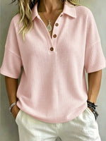 Solid Color Lapel Casual Short Sleeve Stylish Waffle Shirt
