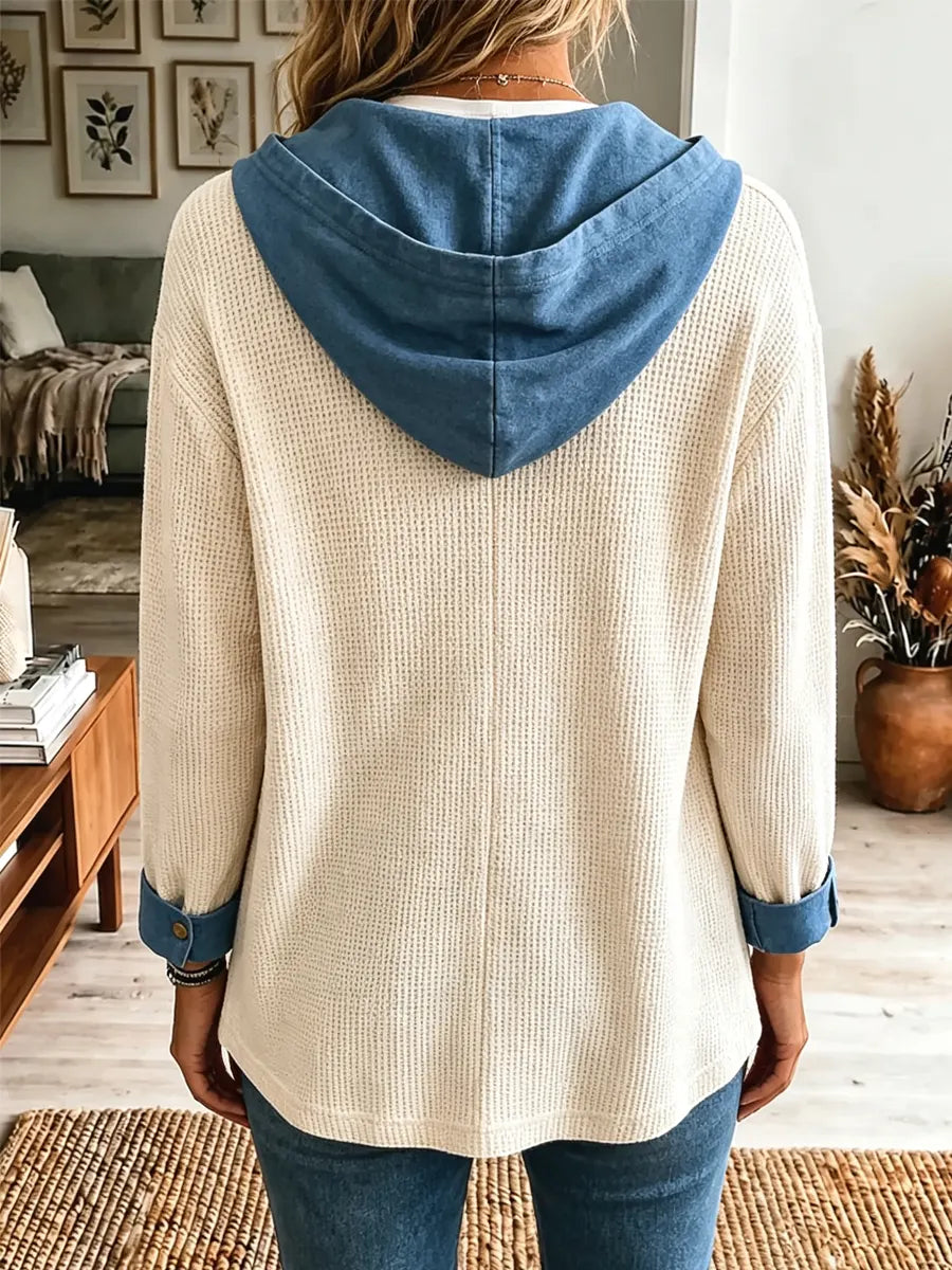 Retro Waffle Hooded Art Casual Stylish Denim Patchwork Long Sleeve Coat
