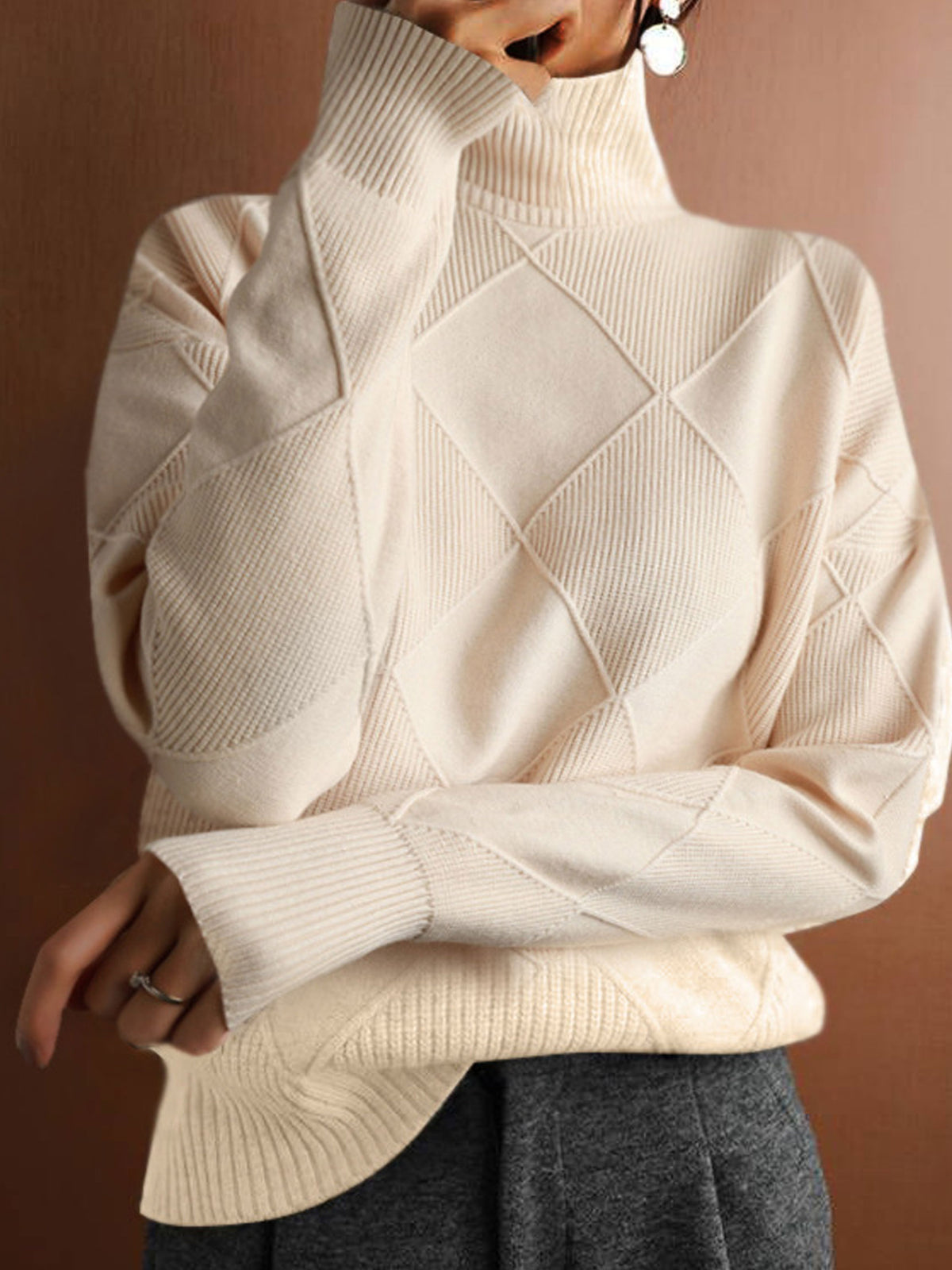 Diamond Cable Knit Turtleneck Sweater Women Loose Long Sleeve Pullover