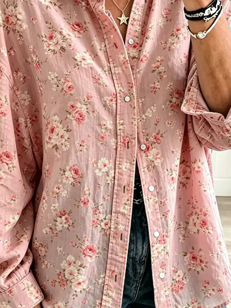 Retro Floral Pattern Art Print Casual Stylish Long Sleeve Cotton Linen Shirt