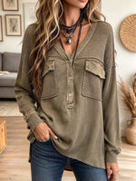 Women V Neck Waffle Knit Patchwork Long Sleeve Henley Top with Pockets