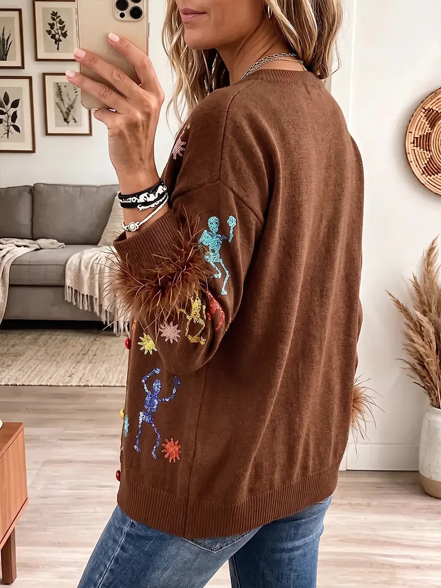 Vintage Elegant Patchwork Long Sleeves Feather Skull Sweater